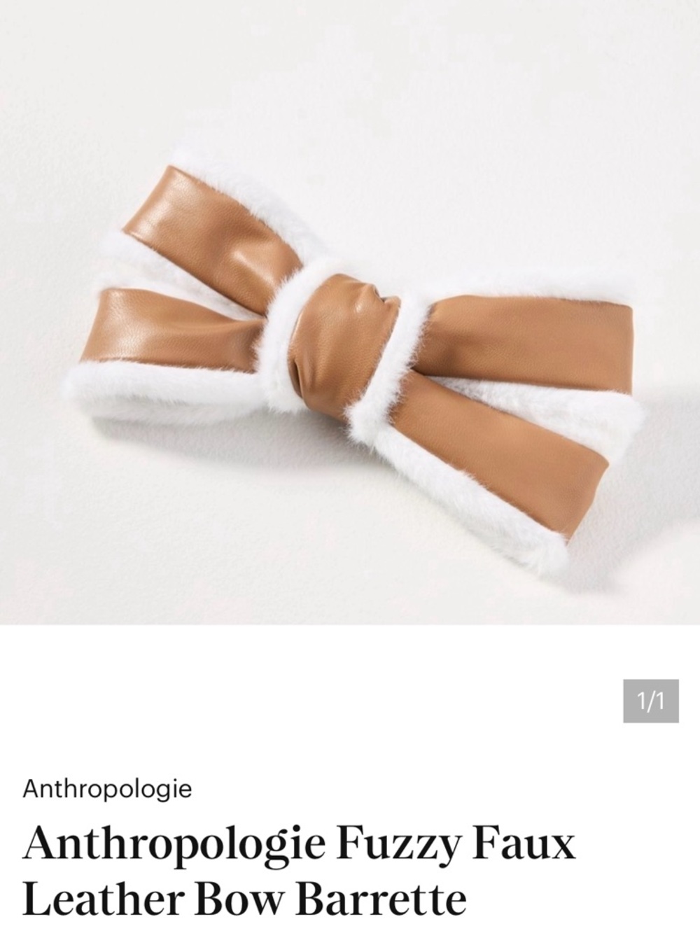 Anthropologie Fuzzy Faux Leather Bow Barrette — Camel and White
